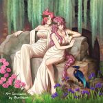  0kamiheart 2girls animal bird bracelet braid braided_ponytail breasts chiton cleavage_cutout clothing_cutout commission earrings eiyuu_densetsu emma_millstein english_commentary flower grass greco-roman_clothes jewelry large_breasts laurel_crown multiple_girls outdoors pink_eyes pink_hair sara_valestein sen_no_kiseki single_braid sitting smile yellow_eyes 