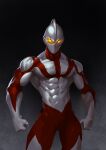  1boy absurdres clenched_hands english_commentary glowing glowing_eyes grey_background highres looking_at_viewer male_focus muscular muscular_male no_humans no_mouth original solo tokusatsu ultra_series yellow_eyes zakuma 