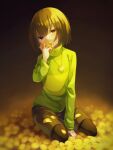  1other between_legs black_pantyhose bob_cut brown_hair brown_shorts chara_(undertale) covered_mouth flower green_shirt hand_between_legs heart heart_necklace highres jewelry kneeling looking_to_the_side necklace pantyhose petals red_eyes shifumame shirt short_hair shorts solo undertale yellow_flower yellow_petals 