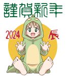  1girl 2024 :d absurdres animal_costume barefoot blush brown_hair chinese_zodiac claw_pose commentary_request dragon_costume fang full_body green_eyes highres long_sleeves looking_at_viewer nekotoufu nengajou new_year oka_asahi onii-chan_wa_oshimai! puffy_long_sleeves puffy_sleeves sitting smile soles solo translation_request two-tone_background v-shaped_eyebrows white_background year_of_the_dragon yellow_background 