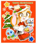  1girl animal_ears blue_eyes brown_eyes cheese_(sonic) christmas_tree cream_the_rabbit eyelashes furry furry_female gift gloves highres kusunoki_cherry looking_at_viewer merry_christmas rabbit_ears rabbit_girl rabbit_tail red_background red_footwear santa_costume smile snowman sonic_(series) star_(symbol) tail white_gloves 