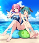  2girls animal_ears bare_arms bare_legs bare_shoulders barefoot beach bird_ears bird_wings blue_one-piece_swimsuit blush breasts cleavage collarbone commission day dog_ears earrings fang fingernails full_body green_eyes green_hair highres jewelry kasodani_kyouko kisaragi_koushi large_breasts long_fingernails looking_at_viewer multiple_girls mystia_lorelei nail_polish one-piece_swimsuit one_eye_closed open_mouth outdoors pink_hair red_eyes red_nails school_swimsuit sharp_fingernails short_hair single_earring skeb_commission small_breasts smile swimsuit touhou water white_wings wings yukkuri_shiteitte_ne 