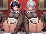  2girls apron black_dress black_hair black_thighhighs blue_eyes blunt_bangs blush breasts cleft_of_venus clothes_lift collared_dress dress female_masturbation garter_straps grey_hair highres indoors large_breasts looking_at_viewer maid maid_apron masturbation multiple_girls nipples no_panties non-web_source open_mouth original pussy pussy_juice re:shimashima see-through see-through_dress short_hair sitting skirt skirt_lift spread_legs steaming_body thighhighs thighs tongue tongue_out white_apron 
