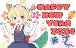  1girl black_dress black_hairband blonde_hair chinese_zodiac commentary_request cosplay dragon_girl dragon_horns dragon_tail dress elbow_gloves gloves gochuumon_wa_usagi_desu_ka? hairband hands_up happy_new_year horns kirima_syaro kobayashi-san_chi_no_maidragon maid_headdress mitya puffy_short_sleeves puffy_sleeves shirt short_sleeves sleeveless sleeveless_dress solo tail tohru_(maidragon) tohru_(maidragon)_(cosplay) twintails twitter_username white_gloves white_shirt year_of_the_dragon 