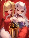  2024 2girls ahoge ascot bare_shoulders blonde_hair blue_dress braid breasts chalice cup dragon_tail dress elbow_gloves facial_mark fate/grand_order fate_(series) forked_eyebrows french_braid gloves hair_bun hair_intakes hair_ribbon happy_new_year long_hair long_sleeves looking_at_viewer m0_chi melusine_(fate) melusine_(second_ascension)_(fate) multiple_girls nero_claudius_(fate) pointy_ears queen_draco_(fate) queen_draco_(first_ascension)_(fate) red_dress red_eyes red_ribbon ribbon sidelocks single_glove small_breasts tail white_gloves white_hair yellow_eyes 