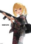  1girl absurdres ahoge alternate_costume bag baseball_bat black_bag black_kimono blonde_hair blush commentary cowboy_shot floral_print grand_theft_auto grand_theft_auto_v gun h_(eitilog) hashtag heterochromia highres holding holding_gun holding_weapon hoshikawa_sara japanese_clothes kimono looking_at_viewer medium_hair nijisanji official_alternate_hair_length official_alternate_hairstyle open_mouth orange_eyes print_kimono red_eyes rifle shoulder_bag simple_background sleeves_past_elbows smile solo standing twitter_username two_side_up virtual_youtuber weapon weapon_on_back weapon_request white_background wide_sleeves 