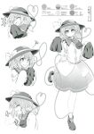  0-den 1girl absurdres bright_pupils character_name commentary_request greyscale hat hat_ribbon heart heart_of_string highres komeiji_koishi long_sleeves looking_at_viewer monochrome multiple_views ribbon shirt short_hair simple_background skirt third_eye touhou translation_request 
