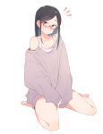  1girl :/ bare_legs barefoot black_eyes black_hair bottomless collarbone colored_inner_hair eitopondo full_body glasses grey_sweater highres looking_at_viewer multicolored_hair notice_lines off-shoulder_sweater off_shoulder original oversized_clothes red-framed_eyewear sanpaku sitting sleeves_past_wrists solo sweatdrop sweater tank_top thighs v_arms wariza white_tank_top 