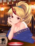  1girl absurdres bare_shoulders blonde_hair blue_kimono blurry blurry_background blush breasts cipher_(user_watm8555) cleavage collarbone cup head_rest high_ponytail highres horns hoshiguma_yuugi hoshiguma_yuugi_(kimono) indoors japanese_clothes kimono looking_at_viewer medium_breasts official_alternate_costume pointy_ears red_eyes red_horns restaurant sakazuki smile solo star_(symbol) touhou 