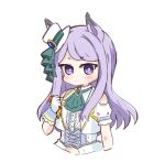  1girl animal_ears ascot bangs bare_shoulders blush closed_mouth clothing_cutout cropped_torso eyebrows_visible_through_hair gloves green_neckwear hand_up hat hitomiz holding horse_ears jacket long_hair looking_at_viewer mejiro_mcqueen_(umamusume) mini_hat mini_top_hat puffy_short_sleeves puffy_sleeves purple_eyes purple_hair shirt short_eyebrows short_sleeves shoulder_cutout simple_background solo thick_eyebrows tilted_headwear top_hat umamusume upper_body very_long_hair white_background white_gloves white_headwear white_jacket white_shirt 