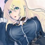  1girl artist_request ascot atago_(kancolle) bad_drawr_id bad_id black_jacket blonde_hair breasts camera frilled_sleeves frills green_eyes hair_between_eyes hand_up hat holding holding_camera huge_breasts jacket kantai_collection long_hair long_sleeves looking_at_viewer lying military_uniform oekaki on_back parted_lips solo uniform upper_body white_ascot 