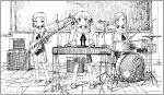  3girls amplifier ayaka_(shimeji_simulation) chalkboard character_request classroom electric_guitar full_body greyscale guitar highres indoors instrument keyboard_(instrument) long_hair looking_at_viewer medium_hair monochrome multiple_girls pleated_skirt school_uniform serafuku shimeji_simulation shoes skirt socks standing tsukumizu_yuu twintails yoshiko_(shimeji_simulation) 