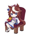  1girl animal_ears ascot asymmetrical_gloves bangs blue_eyes blue_gloves boots brown_hair chibi closed_mouth commentary_request crossed_legs epaulettes full_body gloves hair_between_eyes hair_ribbon highres hitomiz horse_ears horse_girl horse_tail jacket mismatched_gloves multicolored_hair on_chair pink_neckwear pink_ribbon pleated_skirt ponytail ribbon simple_background single_epaulette sitting skirt solo streaked_hair tail tokai_teio_(umamusume) umamusume white_background white_footwear white_gloves white_hair white_jacket white_skirt 