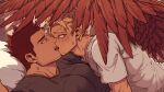  2boys abbbby_28 bara bed black_shirt blonde_hair blue_eyes boku_no_hero_academia couple endeavor_(boku_no_hero_academia) facial_hair feathered_wings french_kiss hawks_(boku_no_hero_academia) kiss large_pectorals looking_at_another lying male_focus mature_male multiple_boys muscular muscular_male on_back on_bed pectorals pillow red_hair shirt tongue tongue_out white_shirt wings yaoi yellow_eyes 