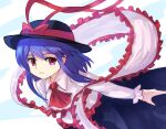  1girl black_headwear black_skirt bow closed_mouth commentary_request frilled_shawl frilled_shirt frills hat hat_bow long_sleeves looking_at_viewer medium_hair nagae_iku plus2sf purple_hair red_bow red_eyes shawl shirt short_hair skirt solo touhou 
