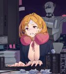  1girl black_shirt blonde_hair book book_stack breasts can cleavage frown highres indoors keyboard_(computer) large_breasts long_sleeves medium_hair monitor neck_pillow original red_eyes robot sekoshi_(some1else45) shirt sitting some1else45 sweatdrop tissue_box 