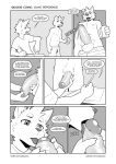 anthro balls beverage beverage_can boxers_(clothing) canid canine canis catsudon clothing comic comic_panel dialogue domestic_cat domestic_dog drawing duo english_text erection felid feline felis fellatio fur furniture genitals grey_background greyscale hand_on_penis hi_res licking male male/male mammal monochrome oral paper pencil_(object) penile penis penis_lick sex shirt simple_background soda speech_bubble table text tongue tongue_out topwear underwear