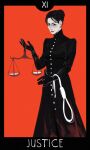  1girl absurdres aglaya_lilich black_dress black_eyes black_hair cowboy_shot dress english_text hair_bun highres holding_scale looking_at_viewer noose pathologic pathologic_2 red_background roman_numeral rope simple_background solo tarot tarot_(medium) yuramoonbow 