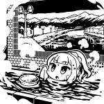  1girl :o absurdres bathhouse bathing blunt_bangs cevio chibi commentary_request greyscale hand_up highres holding holding_towel indoors lamppost looking_ahead monochrome mosaic_art mountainous_horizon moyasiwhite natsuki_karin partially_submerged ponytail second-party_source solo steam synthesizer_v towel washbowl water wet wet_hair 