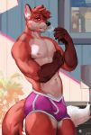anthro asher_the_firefox bulge canid canine cigarette cigarette_in_mouth cigarette_smoke clothed clothing dipstick_tail ear_piercing ear_ring fox front_view fur hi_res juiceps male mammal markings muscular muscular_anthro muscular_male object_in_mouth partially_clothed pecs piercing red_body red_fur ring_piercing shirtless smoking smoking_cigarette solo standing tail tail_markings underwear underwear_only