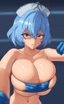  1girl ajidot bare_shoulders bikini bikini_top_only blue_bikini blue_gloves blue_hair breasts cleavage clenched_hand closed_mouth collarbone copyright_request eyepatch_bikini gloves grey_headwear hat highres huge_breasts last_origin looking_at_viewer navel red_eyes sanpaku short_hair skindentation solo swimsuit titania_frost upper_body v-shaped_eyebrows 