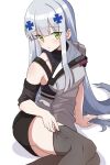  1girl alternate_costume black_thighhighs blush cross_hair_ornament girls&#039;_frontline girls&#039;_frontline_2:_exilium green_eyes grey_hair hair_ornament highres hk416_(girls&#039;_frontline) jjuwaap long_hair looking_at_viewer sitting solo thighhighs thighhighs_pull uniform white_background 