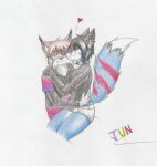 &lt;3 anthro bottomwear canid canine clothed clothing duo felid feline fox girly hair hi_res jun_snowy jun_snowy(jun_snowy) love lynx male mammal on_lap romantic romantic_couple shorts sitting_on_lap smile tail