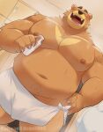2024 anthro bear belly big_belly brown_body brown_fur bulge detailed_background duo eyes_closed fur hi_res kemono male mammal moobs navel nipples o-ro overweight overweight_male solo_focus steam towel