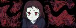  1girl abstract_background black_sweater brown_hair closed_mouth expressionless highres logi_(lgdkn) long_sleeves looking_at_viewer messy_hair milk-chan_(milk_series) milk_inside_a_bag_of_milk_inside_a_bag_of_milk pale_skin red_background red_eyes shirt short_bangs short_hair solo spiral_background sweater upper_body 