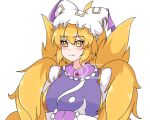 1girl blush closed_mouth commentary fox_tail hands_in_opposite_sleeves hat highres kitsune looking_at_viewer mob_cap multiple_tails neferkitty slit_pupils smile solo tail touhou upper_body white_headwear yakumo_ran yellow_eyes 