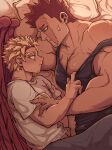  2boys abbbby_28 bara bed black_tank_top blonde_hair blue_eyes blush boku_no_hero_academia burn_scar closed_mouth couple endeavor_(boku_no_hero_academia) feathered_wings hawks_(boku_no_hero_academia) highres large_pectorals lying male_focus mature_male multiple_boys muscular muscular_male on_bed on_side pectorals red_hair scar scar_on_face shirt short_hair tank_top white_shirt wings yaoi 