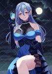  1girl absurdres bead_necklace beads black_gloves blue_dress blue_hair blush breasts celeste_sofione closed_mouth cup detached_sleeves dress earrings full_moon glass gloves hair_between_eyes highres holding holding_cup indie_virtual_youtuber jewelry long_hair medium_breasts moon necklace night night_sky pinchi sky smile solo 