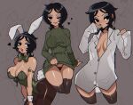  1girl abottleofstars animal_ears black_hair blush bow bowtie breasts cleavage green_sweater heart highres hollie_hawkes open_mouth playboy_bunny rabbit_ears rabbit_tail scott_pilgrim_(series) scott_pilgrim_takes_off shirt simple_background solo sweater tail teeth tongue upper_teeth_only white_shirt 