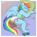 anthro anthrofied bed bodily_fluids camisole clothing curled_up diaper drooling equid equine eyes_closed feathers feces female friendship_is_magic furniture hasbro hi_res hooves mammal messy_diaper my_little_pony pacifier pattern_diaper pegasus pillow rainbow_dash_(mlp) saliva sleeping soiled_diaper soiling solo stargal_galexi underwear wings