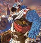 2017 5_fingers amber_eyes anthro avian beak blue_body blue_feathers breath_of_the_wild clothed clothing cloud detailed_background feather_hands feathers fingers kass_(tloz) looking_at_viewer male masabowser multicolored_body multicolored_feathers nintendo outside rito sky solo the_legend_of_zelda white_body white_feathers yellow_body yellow_feathers