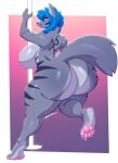 2024 absurd_res anthro anubian_jackal big_breasts big_butt biped blue_hair breasts butt canid canine canis crook_and_flail female fur grey_body grey_fur hair hi_res huge_breasts huge_butt jackal looking_at_viewer looking_back looking_back_at_viewer mammal on_one_leg pawpads pink_pawpads pole purple_eyes smile solo standing stripper_pole torou