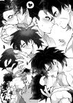  2boys bara blush broly_(dragon_ball_super) closed_eyes closed_mouth couple dragon_ball dragon_ball_super dragon_ball_super_broly french_kiss greyscale gureshi_db heart highres hug kiss large_pectorals male_focus metamoran_vest monochrome multiple_boys multiple_views muscular muscular_male open_clothes open_vest pants pectorals saliva scar scar_on_cheek scar_on_face short_hair smile spiked_hair tongue tongue_out topless_male translation_request vest wristband yaoi 