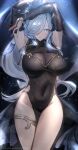  1girl absurdres armpits arms_up bare_shoulders black_dress blue_eyes breasts bright_pupils china_dress chinese_clothes cleavage covered_navel cowboy_shot detached_sleeves dress earrings genshin_impact grin hair_over_one_eye highres jewelry large_breasts long_hair long_sleeves looking_at_viewer no_panties official_alternate_costume pelvic_curtain see-through see-through_cleavage shenhe_(frostflower_dew)_(genshin_impact) shenhe_(genshin_impact) sleeveless sleeveless_dress smile solo standing thighlet thighs veil very_long_hair white_hair yuki_daruma404 