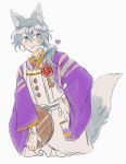  1boy animal_ears apron blue_eyes ensemble_stars! extra_ears fox_boy fox_ears fox_tail grey_background grey_hair hand_on_own_hip heart highres japanese_clothes kimono koi_koi_cafe_(ensemble_stars!) low_side_ponytail male_focus mkn364 official_alternate_costume purple_kimono shiina_niki simple_background solo tail white_apron 