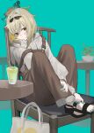  1girl 38_(sanjuuhachi) alternate_costume bag black_footwear blonde_hair blue_nails brown_overalls closed_mouth cup drinking_glass drinking_straw hair_intakes highres holding_own_leg hololive kazama_iroha knees_up nail_polish on_chair overalls ponytail sitting solo suspenders sweater table virtual_youtuber yellow_eyes 