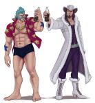  2boys abs absurdres analligator bara bare_pectorals beard black_male_underwear boxers bulge chain_necklace cola cosplay couple facial_hair franky_(one_piece) franky_(one_piece)_(cosplay) full_beard graves_(league_of_legends) grin hairy hawaiian_shirt highres jewelry large_hands large_pectorals league_of_legends long_hair looking_to_the_side male_focus male_underwear mature_male multiple_boys muscular muscular_male mutton_chops navel navel_hair necklace nico_robin nico_robin_(cosplay) nipples no_pants one_piece pectorals shirt short_hair short_sleeves smile sparse_arm_hair sparse_chest_hair sparse_leg_hair sparse_navel_hair standing stomach thick_beard thick_eyebrows thick_mustache toasting_(gesture) twisted_fate underwear white_background yaoi 