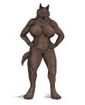 2019 4_toes 5_fingers anthro big_breasts black_nose breasts brown_body brown_fur canid canine canis claws featherhead feet female finger_claws fingers fur genitals hi_res hindpaw humanoid_hands magnhildr_one-eye mammal missing_eye muscular muscular_anthro muscular_female navel nipples nude paws pussy scar scars_all_over signature smile solo standing toe_claws toes warrior wolf