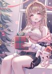  1girl ai_(sigatutoukaa) ayaginu_temari bare_shoulders black_shorts box breasts brown_hair christmas christmas_tree colored_inner_hair crop_top down_jacket flower_knot gift gift_box hair_ribbon hat highres isekai_tensei_shite_v_ni_narimashita jacket jewelry large_breasts long_hair long_sleeves looking_at_viewer midriff mole mole_under_eye multicolored_hair necklace off_shoulder open_clothes open_jacket open_mouth red_eyes ribbed_shirt ribbon santa_hat second-party_source shirt short_shorts shorts sitting sleeveless sleeveless_shirt smile solo spaghetti_strap stuffed_animal stuffed_rabbit stuffed_toy thighs underboob virtual_youtuber white_jacket white_shirt 