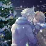  2boys blonde_hair blue_scarf blush christmas_lights christmas_tree closed_eyes cloud_strife coat couple final_fantasy final_fantasy_vii final_fantasy_x gloves grin hands_on_another&#039;s_face happy highres holding male_focus multiple_boys outdoors scarf smile snow snowing spiked_hair tidus warori_anne winter winter_clothes winter_coat yaoi 