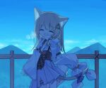  1girl :d ^_^ animal_ear_fluff animal_ears blue_sky breath brown_hair cat_ears cat_girl cat_tail closed_eyes cloud commentary_request day facing_viewer fence hair_ornament hood hood_down hoodie long_hair long_sleeves looking_at_viewer looking_to_the_side mountain original outdoors pleated_skirt skirt sky sleeves_past_wrists smile solo tail waka_(yuuhagi_(amaretto-no-natsu)) white_hoodie wide_sleeves yuuhagi_(amaretto-no-natsu) 