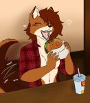 &lt;3 anthro beverage bread breasts brown_body brown_fur brown_hair burger canid canine canis cassidy_(twokinds) chest_tuft clothed clothing container crumbs digital_media_(artwork) eating english_text eyes_closed female food fur hair happy hi_res holding_object kawattame keidran lettuce mammal multicolored_body open_mouth orange_body pattern_clothing pattern_shirt pattern_topwear plaid plaid_clothing plaid_shirt plaid_topwear plant sesame_seeds shirt simple_background smile soda solo tail tail_motion tailwag teeth text tongue topwear tuft twokinds vegetable webcomic white_body wolf
