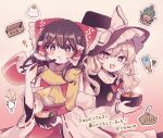  +_+ 2girls :d :t apron ascot bare_shoulders black_headwear black_skirt black_vest blonde_hair book bow box brown_eyes brown_hair buttons chopsticks closed_mouth detached_sleeves donation_box frilled_hair_tubes frills gradient_background hair_bow hair_tubes hakurei_reimu hananenmi hat hat_bow highres holding holding_book kirisame_marisa long_hair long_sleeves medium_hair multiple_girls open_mouth red_bow red_ribbon red_shirt red_skirt ribbon ribbon-trimmed_sleeves ribbon_trim scarf shirt skirt skirt_set sleeveless sleeveless_shirt smile touhou turtleneck vest waist_apron white_bow white_shirt white_sleeves wide_sleeves witch witch_hat yellow_ascot yellow_eyes yellow_scarf 
