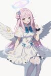  1girl absurdres akagi_koku angel_wings blue_archive blush breasts crescent dress feathered_wings halo highres large_breasts long_hair looking_at_viewer low_wings mika_(blue_archive) pink_hair pink_halo solo white_dress white_wings wings yellow_eyes 