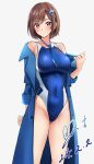  1girl bare_shoulders blue_coat blue_necktie blue_one-piece_swimsuit blush braid breasts brown_hair closed_mouth coat commentary_request commission competition_swimsuit covered_navel dated doumyouji_cocoa earrings feet_out_of_frame glint hair_ornament highleg highleg_swimsuit highres jewelry large_breasts looking_at_viewer necktie off_shoulder one-piece_swimsuit open_clothes open_coat pixiv_commission purple_eyes riot_music short_hair short_necktie signature simple_background smile solo standing swept_bangs swimsuit trench_coat two-tone_swimsuit virtual_youtuber white_background white_one-piece_swimsuit yoo_tenchi 