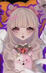  1girl :o blunt_bangs blush bow brown_hair danganronpa_(series) danganronpa_2:_goodbye_despair ear_bow flipped_hair gem hair_bow heart highres hood hood_down kamin_(0428hopelove) lower_teeth_only medium_hair monomi_(danganronpa) multicolored_background nanami_chiaki pink_bow pink_eyes solo teeth 